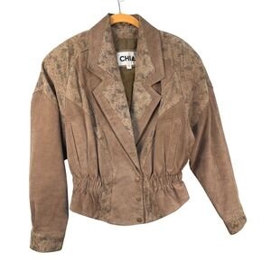CHIA Vintage 80s Leather Bomber Jacket Tan Brown Snakeskin Embossed Womens Large